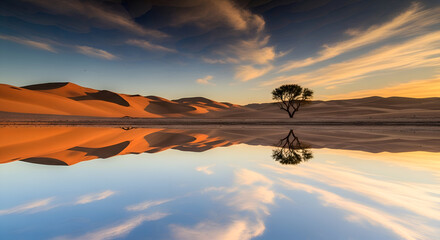 Find serenity in this stunning desert oasis with a lone tree reflected in the calm water, perfect for travel blogs, nature documentaries, and inspirational art