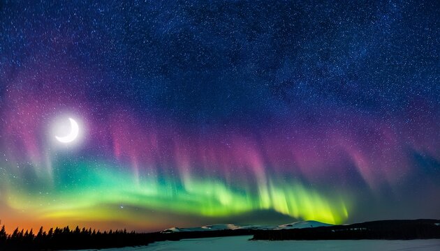 Nighttime Sky Filled With Stars Crescent Moon Rainbow Colored Aurora Borealis - Powered by Adobe