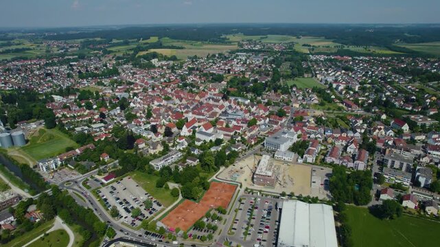 Aerial view of the city Aichach in Germany, Bavaria on a sunny afternoon spring day