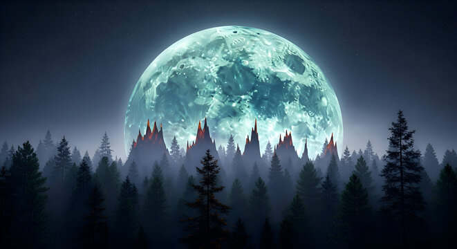 Experience the magic of a vibrant full moon rising over a mystical forest landscape with glowing mountains against a starry night sky, perfect for fantasy design