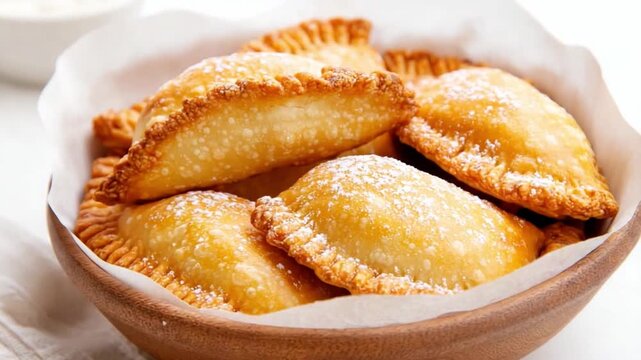 Golden Delights: A close-up showcases a pile of golden, freshly baked pastries, exuding warmth and enticing aroma. Each pastry is perfectly formed and sprinkled with a light dusting of powdered sugar.
