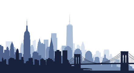 Fototapeta premium A silhouette of the New York City skyline, featuring iconic skyscrapers and the Brooklyn Bridge, rendered in shades of blue against a white background.