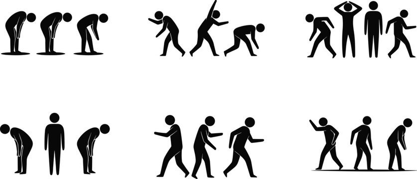 Human motion silhouette illustration, symbolic gesture sequence and expressive posture graphics for design and education