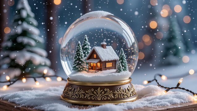 Snow globe with cozy wooden cabin and pine trees inside, festive winter scene with snowfall, bokeh lights, Christmas holiday mood
