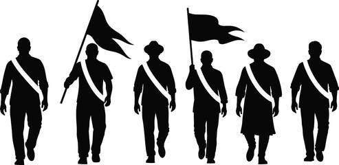 Marching silhouette illustration, symbolic unity and activist gesture graphics for design and education