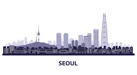 Naklejka premium Seoul city skyline silhouette vector illustration featuring iconic landmarks like N Seoul Tower and Lotte World Tower against a white background.