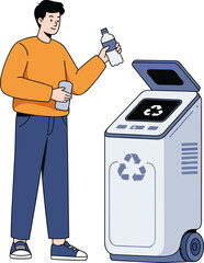 Modern recycling bin cartoon illustration, symbolic eco-tech interaction and sustainable behavior graphics for design and education