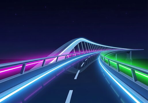 Neon lit bridge ascending into a dark star speckled celestial expanse - Powered by Adobe