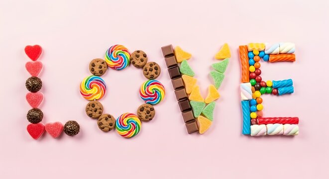 LOVE spelled with colorful candies like gummies, chocolates, and lollipops in a bright playful top-view design.