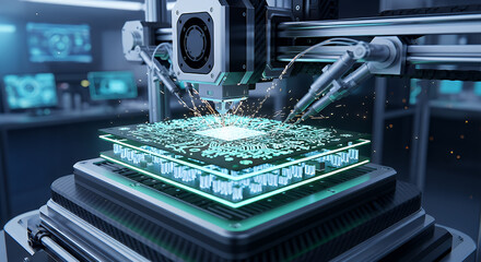 Advanced robotic arm precisely assembling a glowing futuristic microchip with intricate circuitry in a high tech laboratory setting