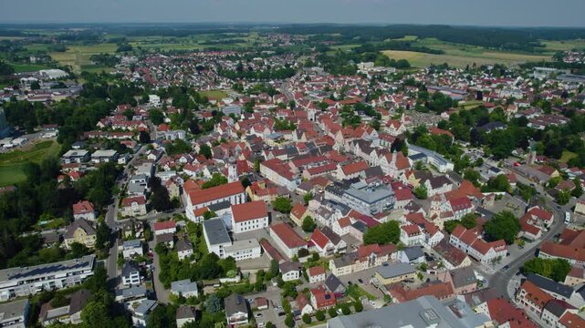 Aerial view of the city Aichach in Germany, Bavaria on a sunny afternoon spring day