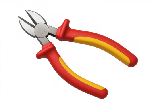 Side cutters with red and yellow insulated handles, electrical wiring and repair tool for electricians