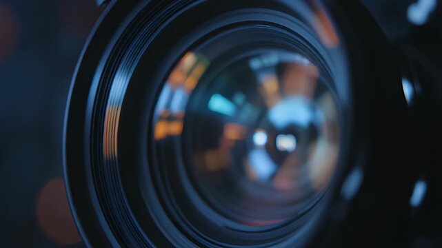 Close up of a camera lens with digital data reflecting on the glass.