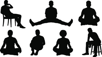 Seated posture silhouette illustration, symbolic rest gesture and expressive lifestyle graphics for design and education