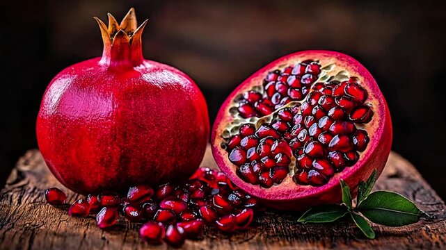 Ripe Pomegranate fruit whole and cut open revealing juicy red arils on a rustic dark wooden table
