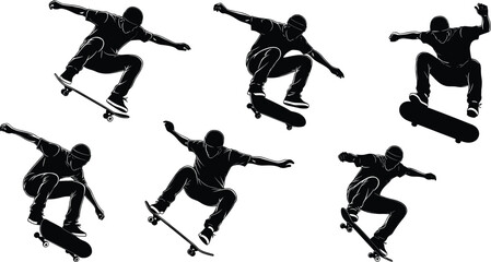 Skateboarding silhouette illustration, symbolic ollie motion and urban athletic gesture graphics for design and education