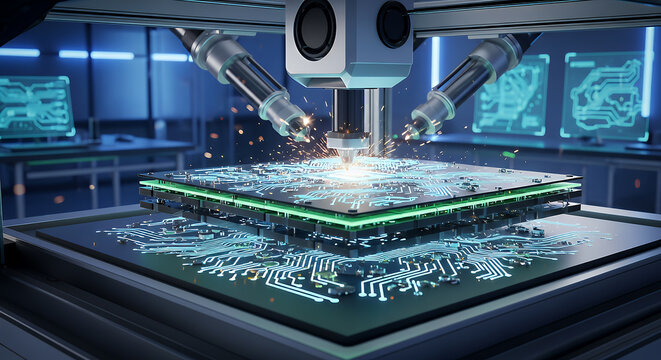 Advanced robotic arm precisely assembling a futuristic glowing microchip on a high tech manufacturing production line