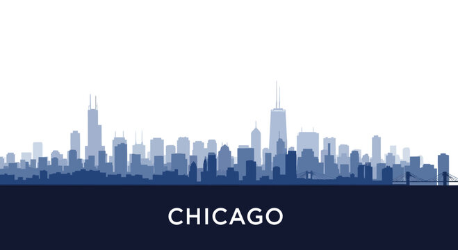 Stylized blue silhouette of the iconic Chicago city skyline with prominent buildings and the city name displayed below.