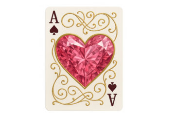 Ace of spades playing card with a sparkling pink diamond heart, ornate gold swirls, gambling chance and love concept