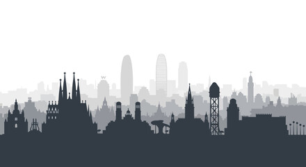 Naklejka premium Silhouette of the Barcelona skyline with iconic landmarks in a foggy atmosphere.