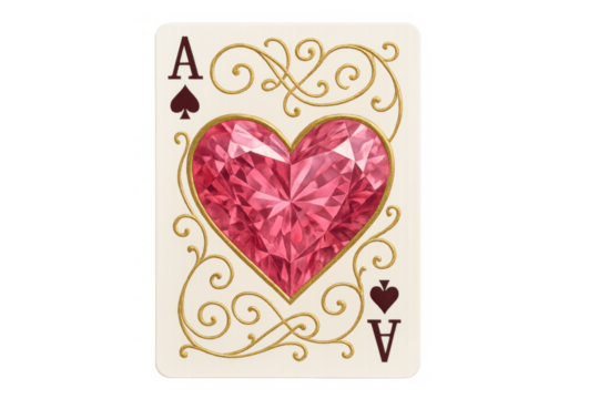 Ace of spades playing card with a sparkling pink diamond heart, ornate gold swirls, gambling chance and love concept