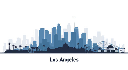 Fototapeta premium Blue silhouette of the Los Angeles city skyline with skyscrapers and landmarks on a white background.