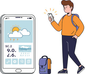 Weather app cartoon illustration, symbolic mobile forecasting and environmental awareness graphics for design and education