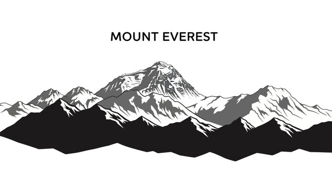 Illustration of Mount Everest with snow-capped peaks and dark foreground mountains, under the text "MOUNT EVEREST".