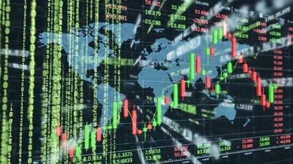 Global Stock Market Data and Financial Trends with World Map Overlay. - Powered by Adobe