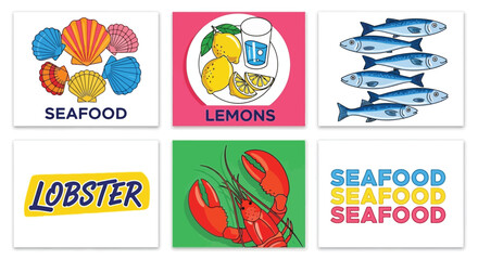 Set of Icons with Seafood, Lobster, Lemons, and Fish Illustrations
