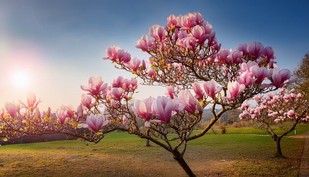 Flowering Magnolia Tree With Pink Blossoms