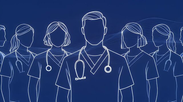 Diverse Medical Team Silhouette Line Art on Blue Background.