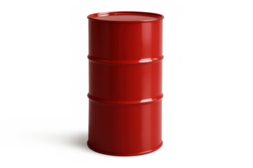 Red oil drum serving as a container for fuel, petroleum, gasoline, or other hazardous liquids. Transparent background