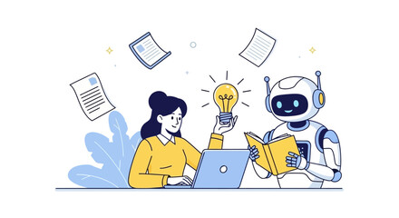 Human and AI Collaboration Woman with Lightbulb Working Alongside Robot with Book