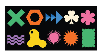 Vector Graphic Elements with Geometric Shapes and Floral Accents on Black Background