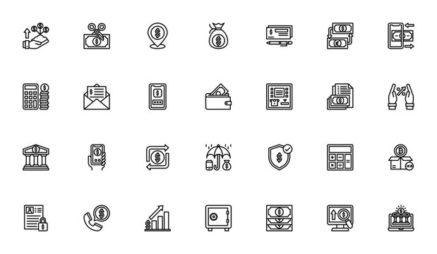 Finance and Accounting icon set. Vector illustration Includes symbols for proft, tax, money, budget, ban, wallet, calculator, insuance and more. Editable stoke.
