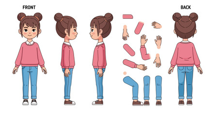 Cute Animated Girl Character Creation Kit Front, Side and Back Views