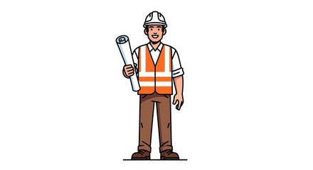 Architect with blueprint illustration, wearing a hard hat and safety vest, engineer