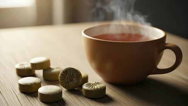 Throat lozenges near cup of hot tea offers soothing relief during cold season. Soothing throat lozenges and steaming drink relieve sore throat and cough with natural remedy.