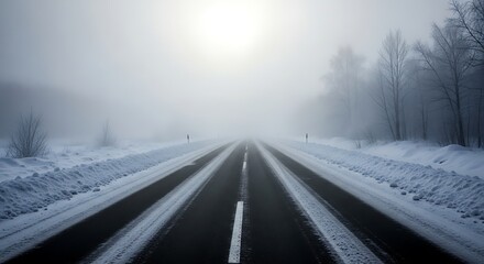 Ethereal winter journey: a solitary road disappears into the misty horizon amid snowy landscapes