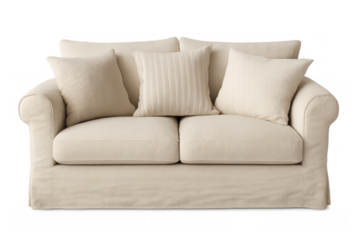 Beige fabric sofa with soft cushions and pillows on transparent background, presenting modern comfortable home furniture