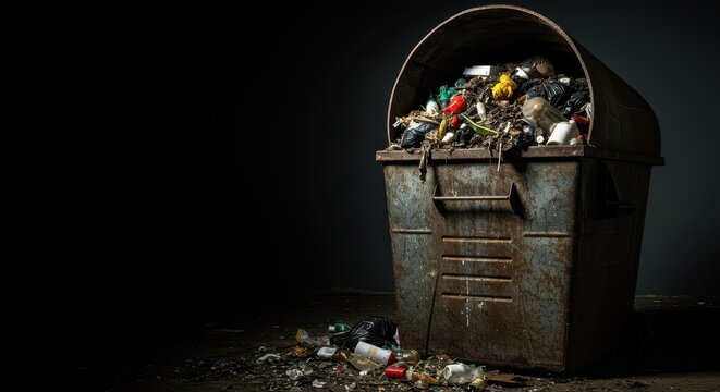 A disgusting view of festering refuse overflowing from a worn metal container, highlighting unhygienic conditions and foul odor, sanitary, fetid, reek