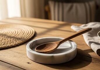 Rustic kitchenware ensemble with wooden spoon on a marble rest displaying natural light and texture appreciation