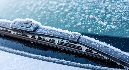 Frozen windshield wiper covered in ice and snow during winter weather  