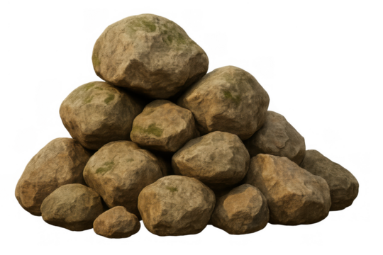 Pile of stacked rocks forming a small mound, natural stones with moss on a transparent background