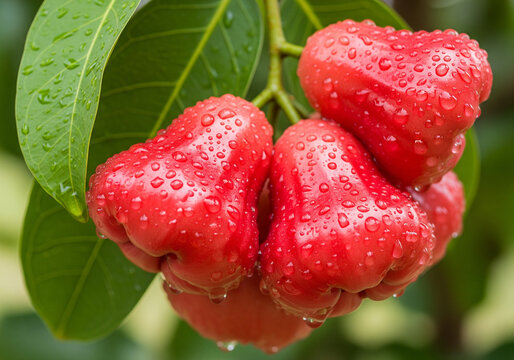Vibrant bunch of ripe red wax apples glistening with fresh water drops after a rain, hanging on a lush green tree branch