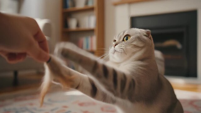 Cute Scottish Fold Cat Playing with a Toy Feather.