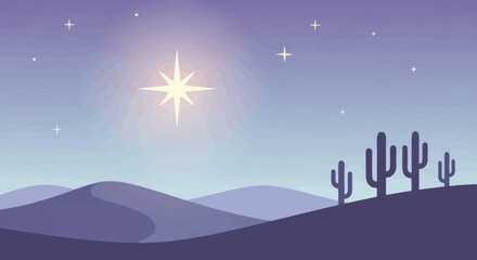 Fototapeta premium Desert landscape with cactus silhouettes, sand dunes, night sky and bright star.