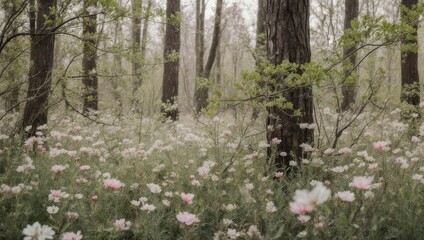 Enchanting Forest Floor Carpeted with Delicate White Wildflowers.