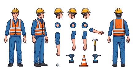Construction Worker Illustration with Editable Parts for Animation and Design Projects